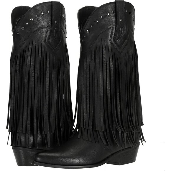 🆕 Women's Black Fringe Western Cowboy Boots Faux Leather Rodeo Style Footwear - Picture 1 of 7